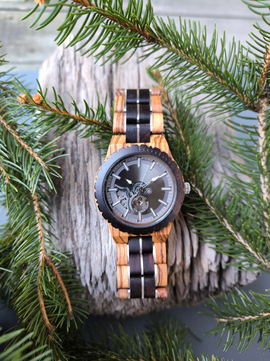 Orologio in legno di zebrano ed ebano