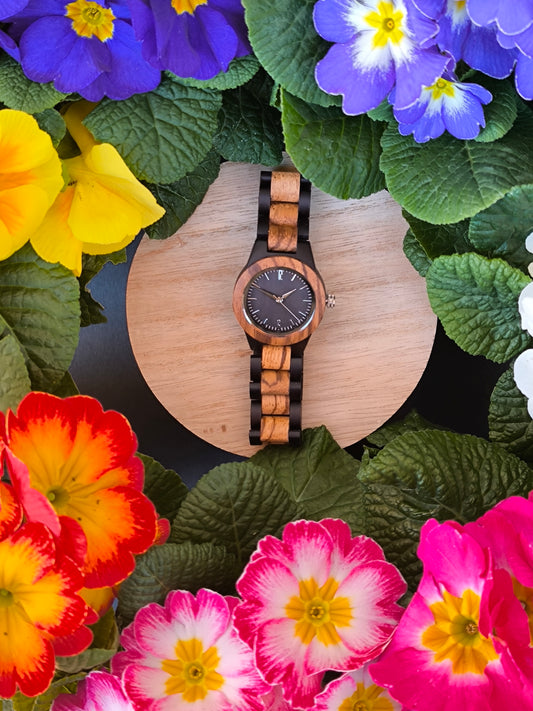 Zebrano and olive wood clock