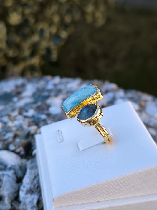 Anello regolabile in labradorite e larimar