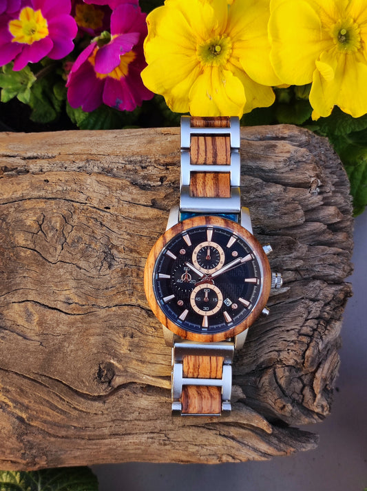 Zebrano wood and steel watch