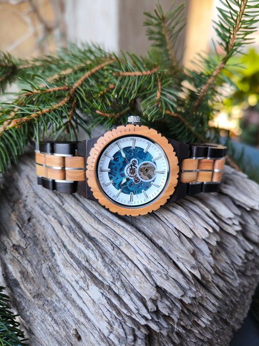 Ebony and olive wood clock