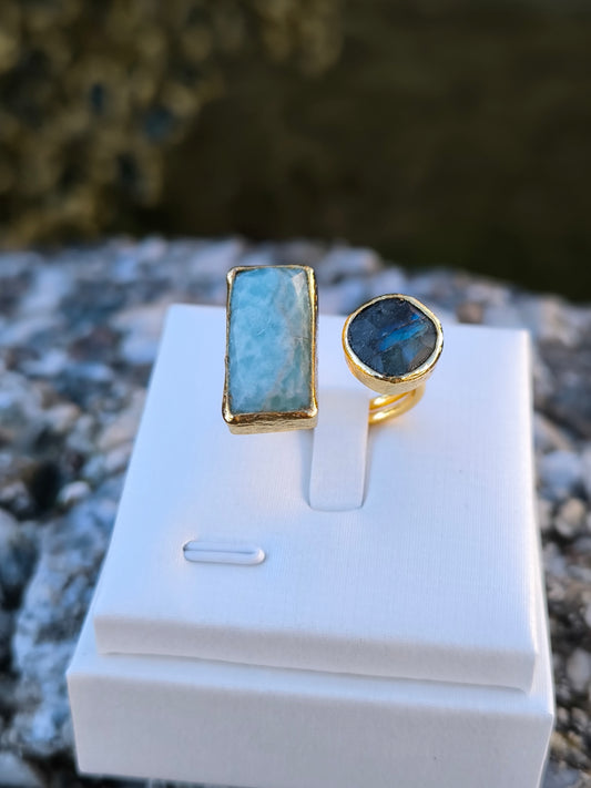 Anello regolabile in labradorite e larimar